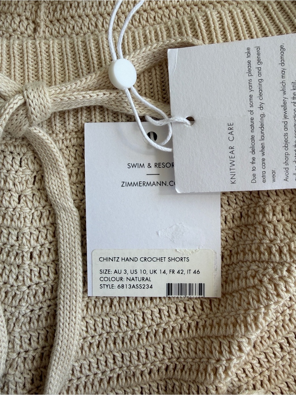 NWT Zimmerman Chintz Crochet Cotton Drawstring Beach Shorts Natural Cream Tan - Picture 7 of 11